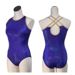 GK Elite AL Purple Rainbow Pixel Dance Leotard Glitter Crossback Cami Sz Adult L